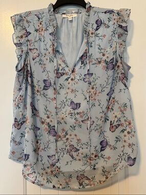 Haven + Blair Light Blue Floral & Butterfly Ruffle Sleeve Blouse